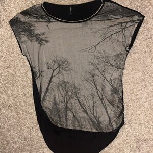 Edista Forest Scene with Mesh Overlay Short Sleeve Top